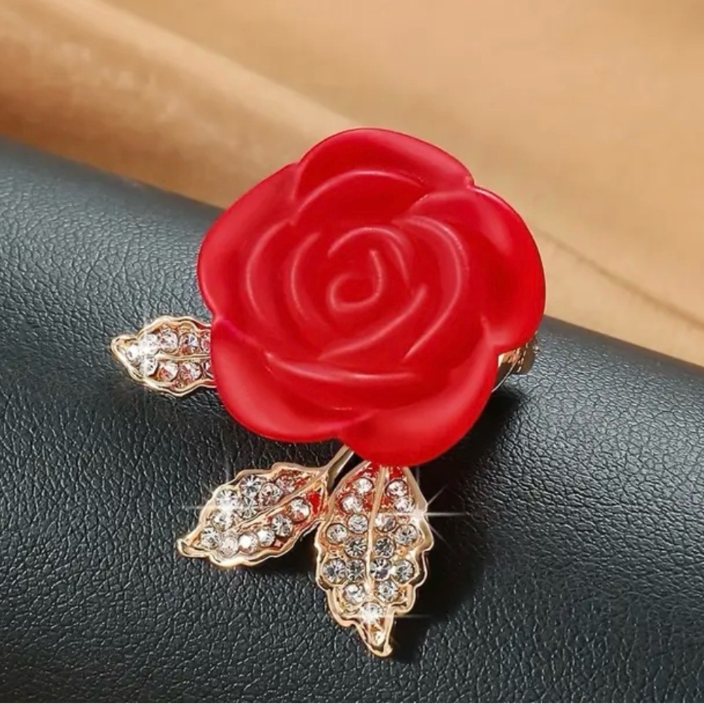 Radiant Red Rose Brooch with Gold Leaf Accents